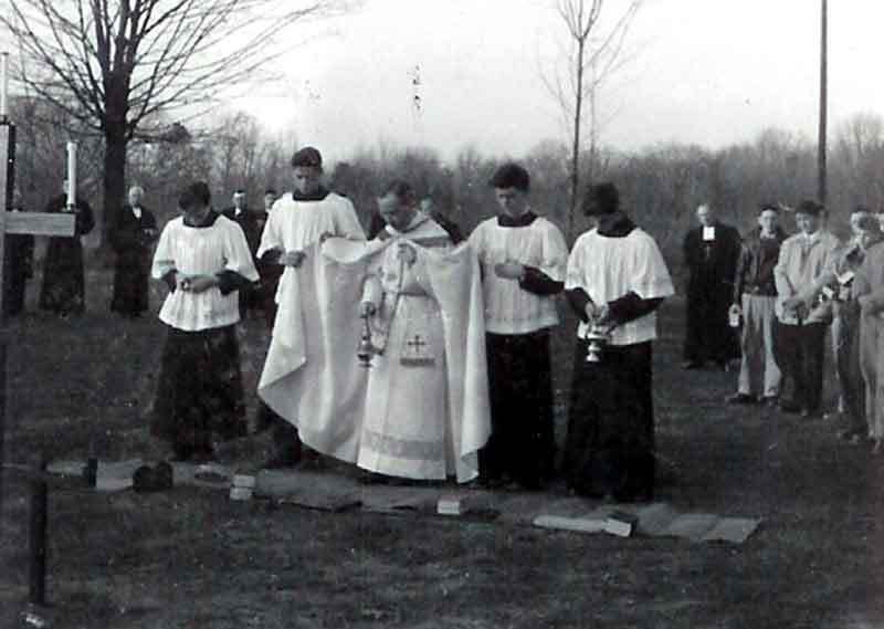 Dedication of the Brothers' cemetery, opened when the cemetery in Pougkeepsie was filled. Brother Thomas Austin O'Donnell (Provincial) at far left, and Brother John Berchmans at far right.