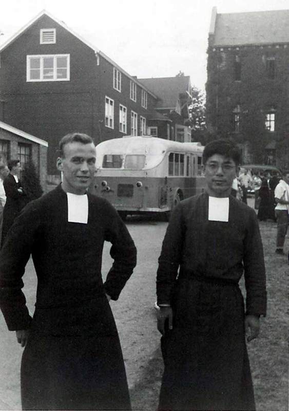 When the Juniors visited Marian College in Poughkeesie, Bill O'Shea was given the tour by Brother Mary Edmond and a Brother from the Chinese province.  Recognize the bus?  the building?