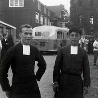 When the Juniors visited Marian College in Poughkeesie, Bill O'Shea was given the tour by Brother Mary Edmond and a Brother from the Chinese province.  Recognize the bus?  the building?